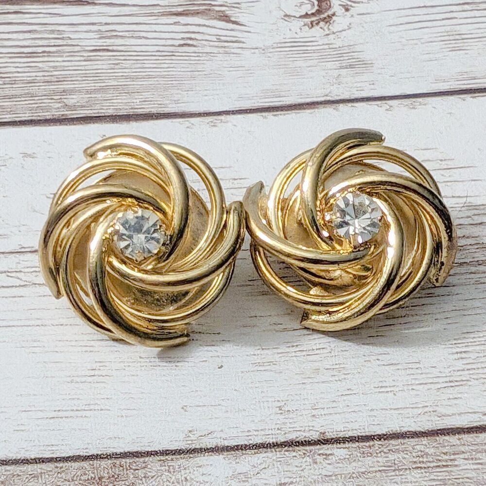 Vintage Clip On Earrings - 1 & 1/8" Gold Tone Swirl with Clear Gem